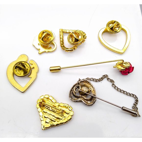 Vintage Floral Romance Brooch Lot, Fun Bundle of 7 Pins, Rose and Hearts - Picture 3 of 3
